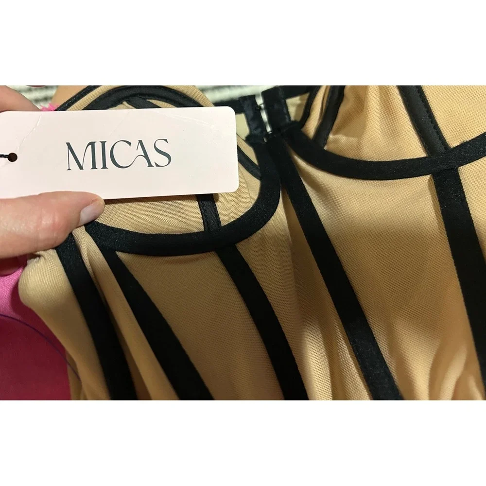 Micas Womens Contrast sexy Boning Mesh Corset Top M Tan Black Ribbon Straps